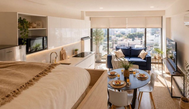 City-view studio w/kitchen & workspace