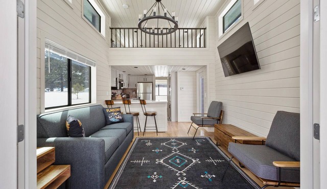 Spruce Cabin w Roof Top Deck - Spacious Floor Plan, Modern Look, Sleeps 5 with separate bedroom, full kitchen and second story viewing deck.